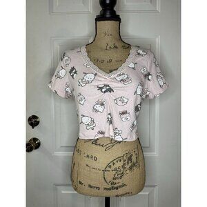 HELLO KITTY Sanrio Pink All Over Print Crop Top T-Shirt Lace Bow Y2k 90’s LARGE